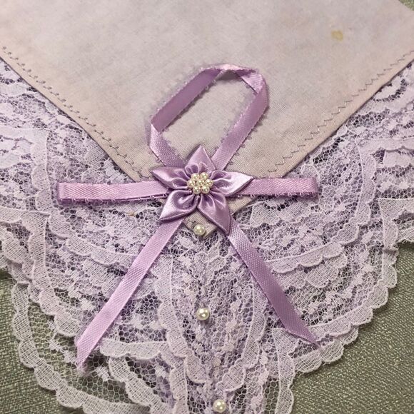 Vintage 1960s Handmade Ladies Lacy Handkerchief in Lavender w/Ribbon & Beads - Picture 2 of 9